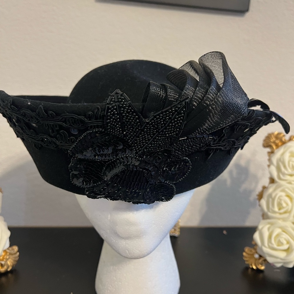 Vintage Whittall & Shon Black Wool Hat with Flower Accents
